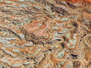 Drone Point Of View Prints: Aerial abstract view taken by drone of desert area near to Goblin Valley National Park during a sunny summer day