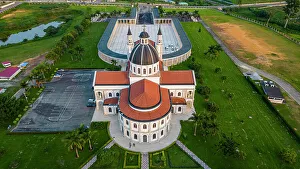 Aerial of the Basilica of the Immaculate Conception, Mongomo, Rio Muni, Equatorial Guinea, Africa