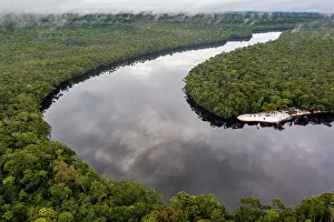 Rainforests Prints: Aerial of the black Pasimoni River, in the deep south of Venezuela, South America