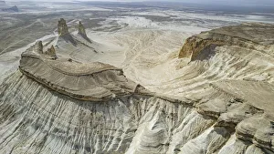 Aerial of Bozzhira Canyon, Ustyurt plateau, Mangystau, Kazakhstan, Central Asia, Asia