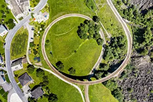 Spiral Prints: Aerial of the Brusio spiral viaduct, UNESCO World Heritage Site, Rhaetian Railway