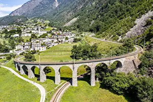 Aerial of the Brusio spiral viaduct, UNESCO World Heritage Site, Rhaetian Railway