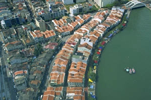 Aerial of buildings along the waterfront of the Boat