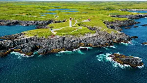 Aerial of Cape Race Lighthouse, Mistaken Point, UNESCO World Heritage Site, Avalon Peninsula, Newfoundland, Canada, North America