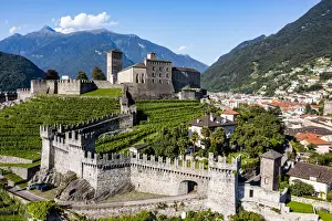 Aerial of the Castlegrande, Three Castles of Bellinzona UNESCO World Heritage Site