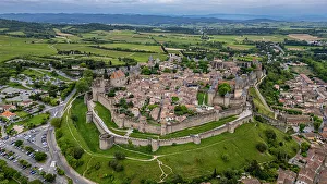 Aerial of the Cite de Carcassonne citadel, UNESCO World Heritage Site, Carcassonne, Aude, Occitania, France, Europe