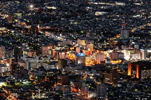 Hokkaido Prints: Aerial of city centre skyline at night, Hakodate, Hokkaido, Japan, Asia