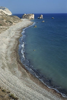 Birth Place Prints: Aerial of coastline with Aphrodites Rock and birthplace, Petra tou Romiou in south