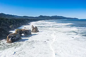 Aerial of the coastline of Cape giant, Sakhalin, Russia, Eurasia