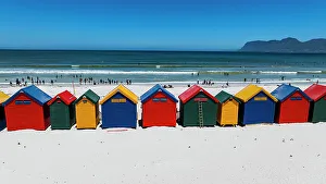 Summery Prints: Aerial of the colourful beach huts on the beach of Muizenberg