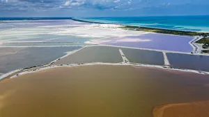 Salt Prints: Aerial of the colourful salinas of Las Coloradas, Yucatan, Mexico, North America