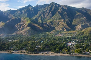 South East Asian Prints: Aerial of the costal exclave Oecusse (Oecussi), East Timor, Southeast Asia, Asia