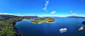 Cruising Prints: Aerial of a cruise ship in Wulaia Bay, Tierra del Fuego, Chile, South America