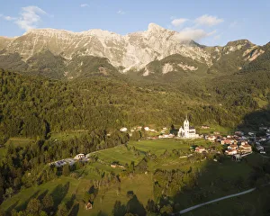 Bell Tower Prints: Aerial by drone, Dresnica, Triglav National Park, Upper Carniola, Slovenia, Europe