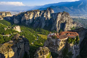 Monasteries Prints: Aerial by drone of the Holy Monastery of Varlaam at sunrise, UNESCO World Heritage Site