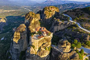 Aerial by drone of the Holy Monastery of Varlaam at sunrise, UNESCO World Heritage Site