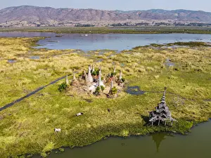 Shan State Prints: Aerial by drone of little pagodas sitting in the waters of the southern Inle Lake