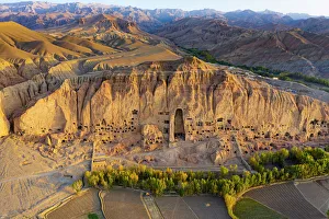 Aerial by drone of the site of the great Buddhas in Bamyan (Bamiyan), taken in 2019