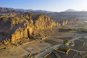 Aerial by drone of the site of the great Buddhas in Bamyan (Bamiyan), taken in 2019