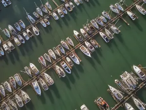 Brixham Prints: An aerial drone view of boats moored in the marina at Brixham