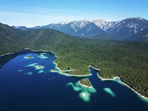 Awe Inspiring Prints: Aerial drone view of Eibsee lake, Garmisch Partenkirchen, Bavaria, Germany, Europe