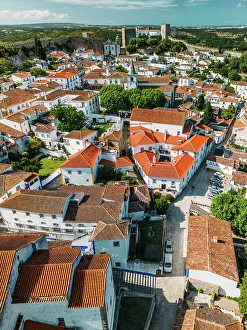 Overlooking Prints: Aerial drone view of Obidos, a town in the Oeste region