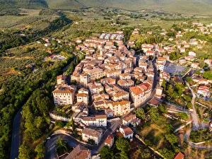 Umbria Prints: Aerial drone view of the village of Montecchio at sunset, Umbria, Italy, Europe