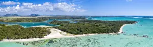 Drone Shot Prints: Aerial by drone of white sand beach and turquoise tropical lagoon, Ile Aux Cerfs, Flacq