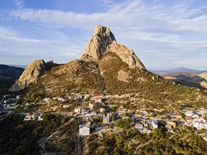 Aerial of El Bernal, third largest monolith in the world, Queretaro, Mexico