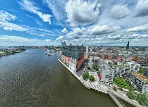 Public Space Prints: Aerial of the Elbphilamonie, the Hamburg opera house building overlooking the city of Hamburg