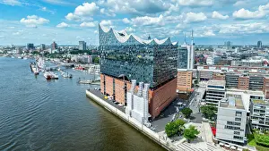 Public Space Prints: Aerial of the Elbphilamonie the Hamburg opera house building overlooking the city of Hamburg