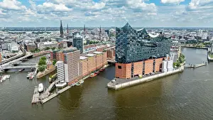 Public Spaces Prints: Aerial of the Elbphilamonie the Hamburg opera overlooking the city of Hamburg