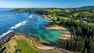 Aerial of Emily Bay, the Unesco world heritage site Norfolk island, Australia