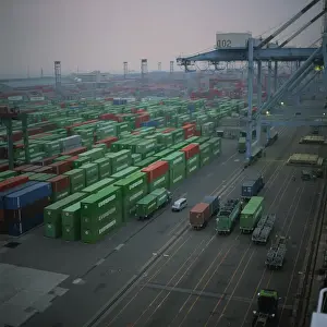 Evergreen Prints: Aerial of Evergreen containers and cranes in a terminal in Taiwan