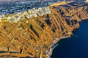 Fira Prints: Aerial of Fira at sunset, Santorini, Cyclades, Greek Islands, Greece, Europe
