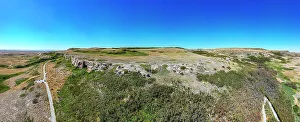 Aerial of the Head Smashed in Buffalo Jump, UNESCO World Heritage Site, Alberta, Canada, North America