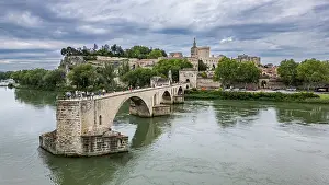 Provence Alpes Cote Dazur Prints: Aerial of the historic Bridge of Saint Benezet (Pont d'Avignon) with the historic city