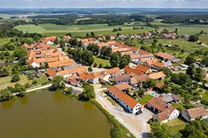 South Bohemia Prints: Aerial of the historic village of Holasovice, UNESCO World Heritage Site, South Bohemia