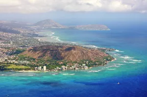 Volcano Prints: Aerial of Honolulu and Diamond Head, Oahu, Hawaii, United States of America