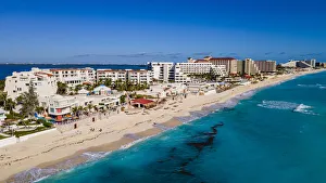 Aerial of the hotel zone with the turquoise waters of Cancun, Quintana Roo, Mexico