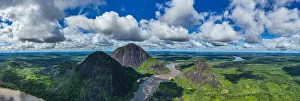 Flowing Water Prints: Aerial of the huge granite hills, Cerros de Mavecure, Eastern Colombia, South America