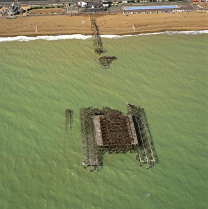 Broken Prints: Aerial image of the burnt-out West Pier, Brighton, Sussex, England, United Kingdom