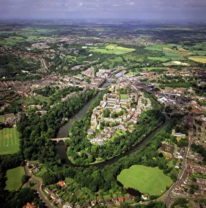 View From Above Prints: Aerial image of city including Durham Castle, a Medieval castle, Norman Cathedral