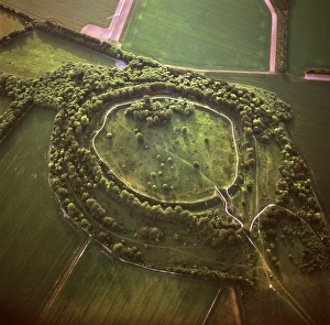 View From Above Prints: Aerial image of Danebury Ring, an Iron Age hill fort, Wiltshire, England