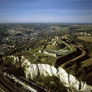 White Cliffs Prints: Aerial image of Dover Castle over the white Cliff of Dover, Kent, England
