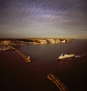 White Cliffs Prints: Aerial image of Dover Harbour (Port of Dover), with ferry arriving, Kent