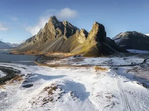 Wonderland Prints: Aerial image of Eystrahorn mountain in winter, South Iceland, Iceland, Europe