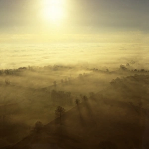 Glastonbury Prints: Aerial image of fog over the Somerset Levels, near Glastonbury, Somerset