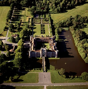 Tudor Prints: Aerial image of Herstmonceux Castle, a brick-built Tudor castle near Herstmonceux