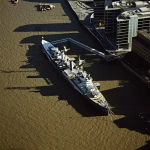 Hms Belfast Prints: Aerial image of HMS Belfast, a Royal Navy Town-class cruiser, on the River Thames